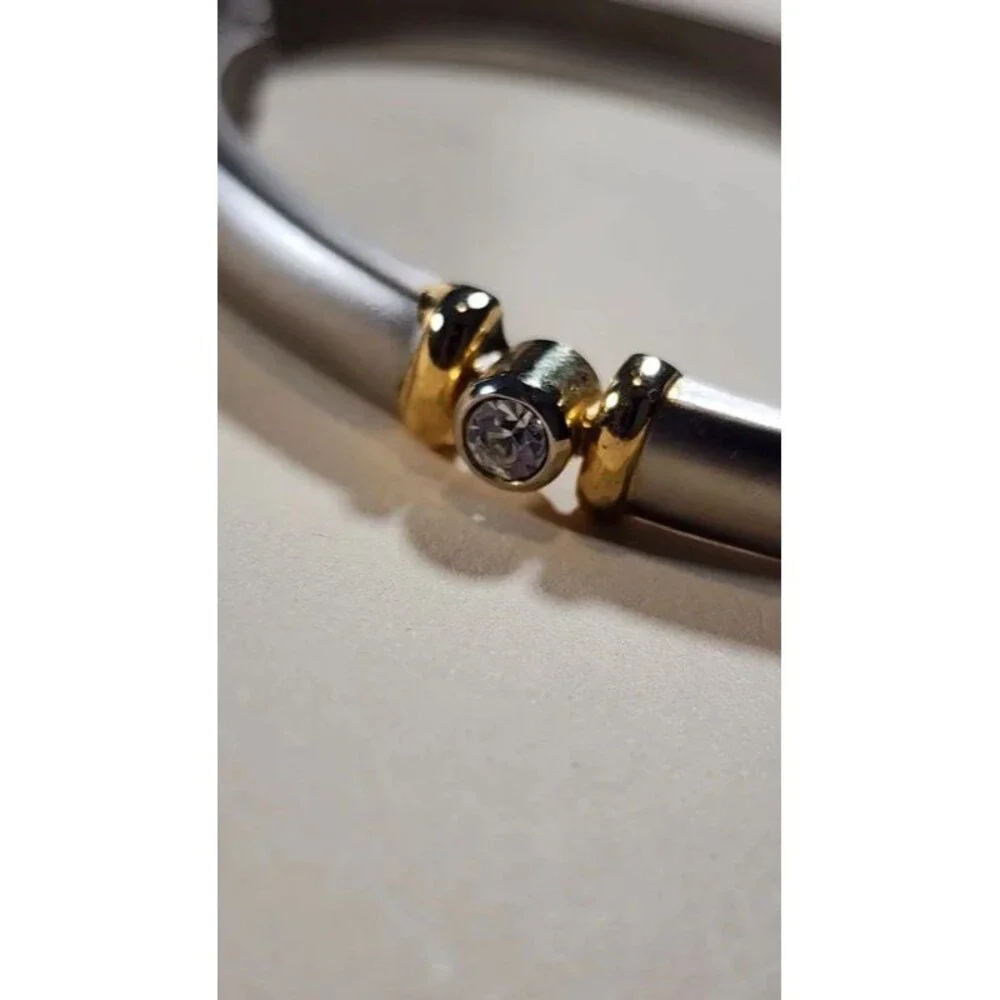 Vintage 80s 90sTwo Tone Hinged Bangle Bracelet Silver Gold Rhinestone Minimalist